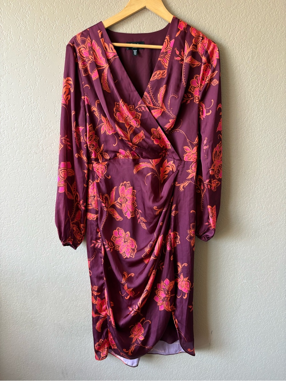 ELLA Rafaella Women's Faux Wrap Long Sleeve Midi Dress Satin Size M